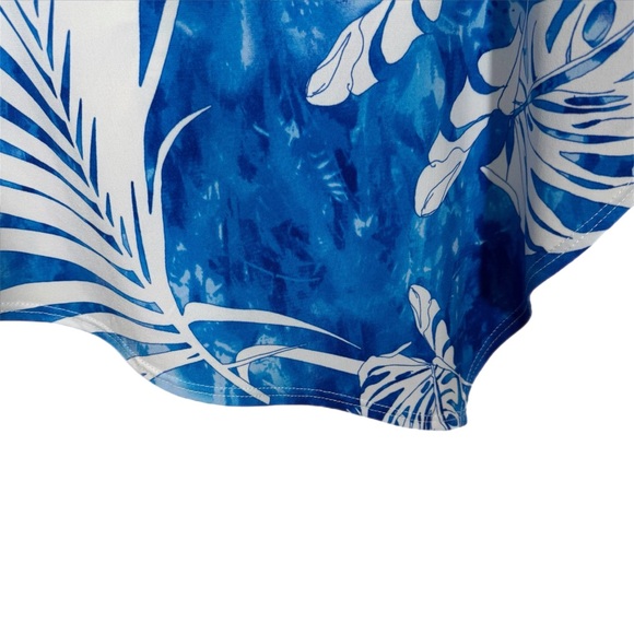 Clara Sun Woo Asymmetrical Tropical Palm Leaf Tunic Top Blouse L Blue White - Picture 5 of 7